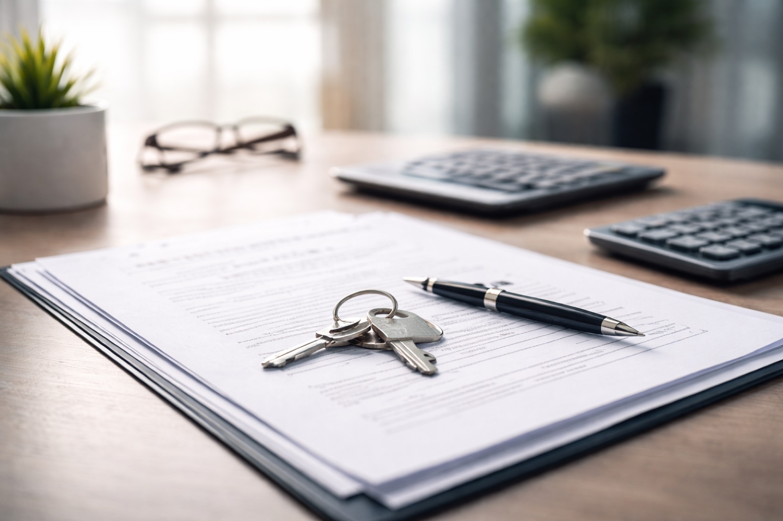 House keys and a pen resting on signed documents